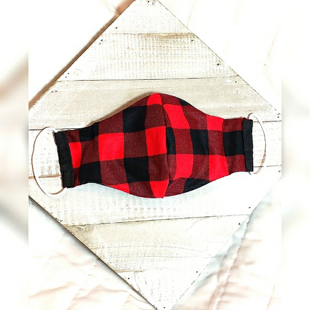 Red Black Plaid Face Mask Reversible Triple Layer Filter NWT